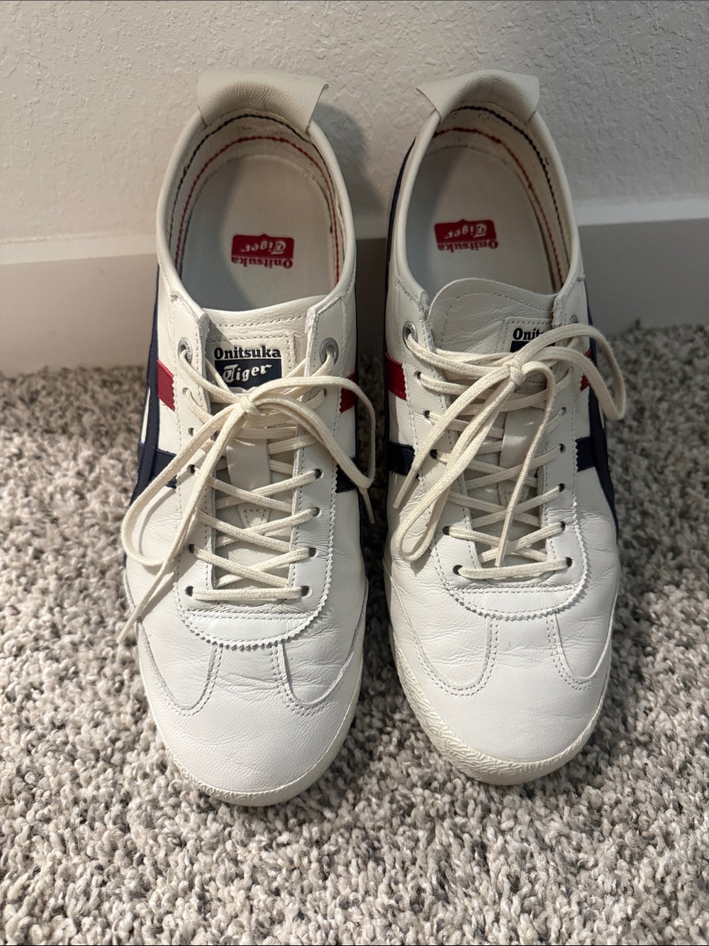 Onitsuka Tiger by Asics White Sneakers with Navy & Red Stripes